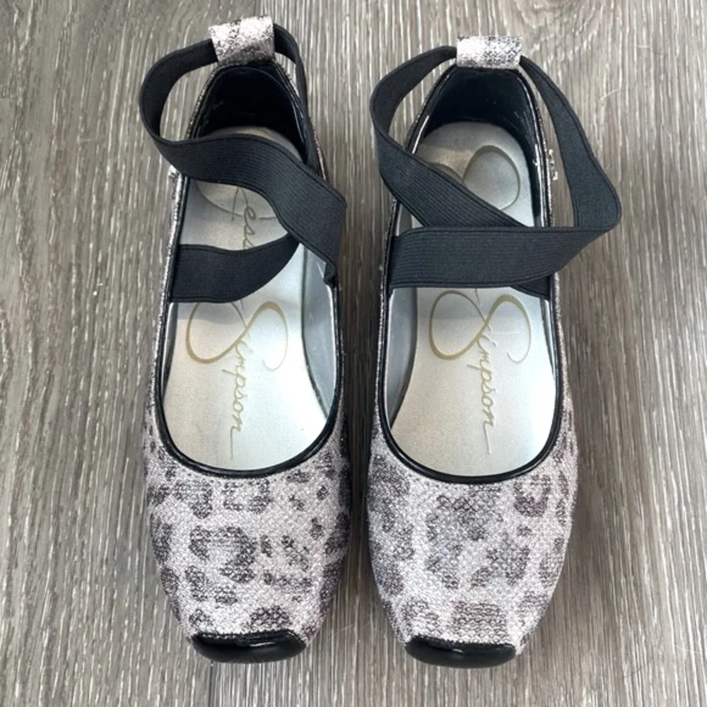 NEW! Jessica Simpson Girls Shoes Madison Ballet Flat Silver Animal Print Size 13